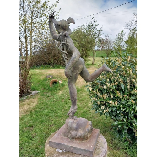 738 - Cast iron with bronze effect sculpture of Mercury mounted on plinth {106 cm H x 29 cm W x 35 cm D}.