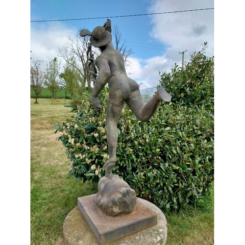 738 - Cast iron with bronze effect sculpture of Mercury mounted on plinth {106 cm H x 29 cm W x 35 cm D}.