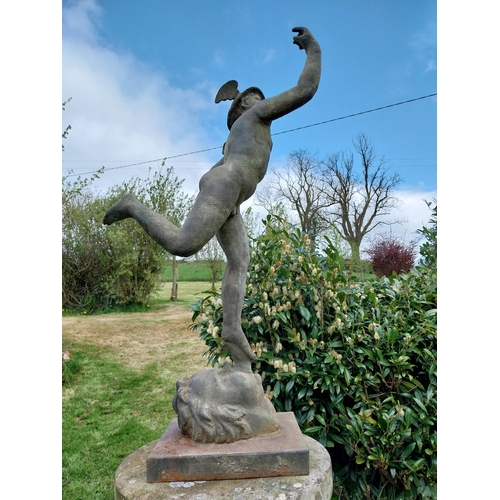 738 - Cast iron with bronze effect sculpture of Mercury mounted on plinth {106 cm H x 29 cm W x 35 cm D}.