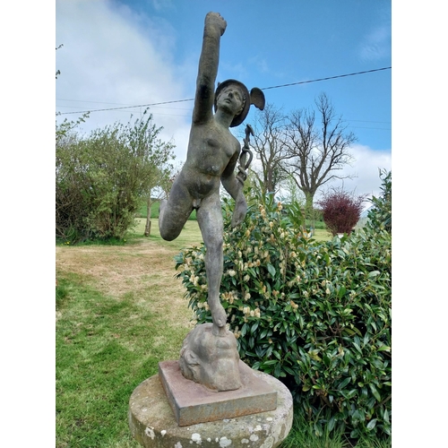 738 - Cast iron with bronze effect sculpture of Mercury mounted on plinth {106 cm H x 29 cm W x 35 cm D}.