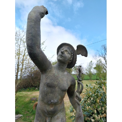 738 - Cast iron with bronze effect sculpture of Mercury mounted on plinth {106 cm H x 29 cm W x 35 cm D}.