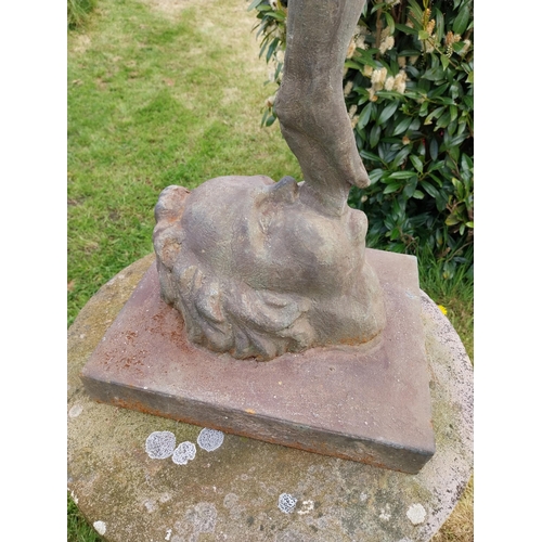 738 - Cast iron with bronze effect sculpture of Mercury mounted on plinth {106 cm H x 29 cm W x 35 cm D}.