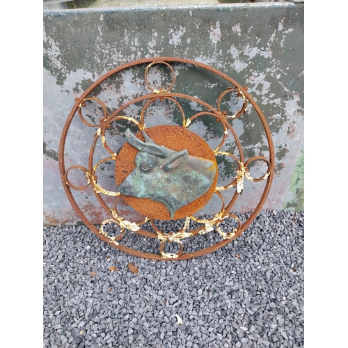 747 - 1950s wrought iron wall plaque decorated with copper Bullhead {70 cm Dia.}.