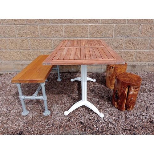 75 - Cast iron garden table with Iroko wood top including wooden bench and two stools {Table H 73cm x W 1... 