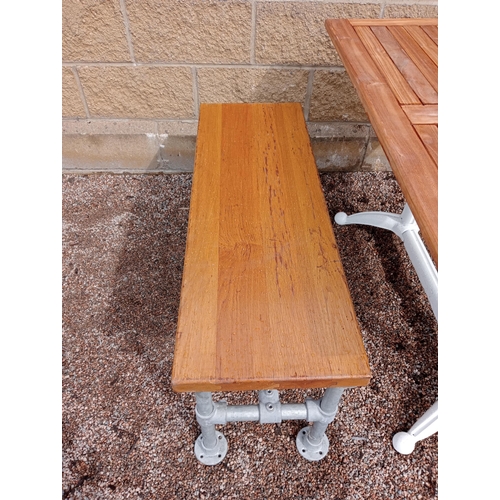 75 - Cast iron garden table with Iroko wood top including wooden bench and two stools {Table H 73cm x W 1... 