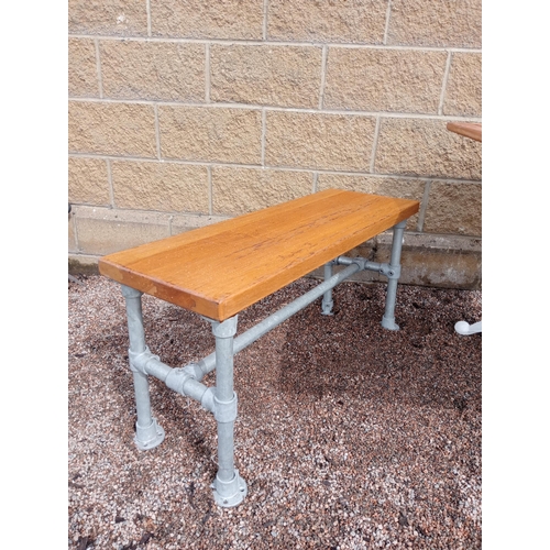 75 - Cast iron garden table with Iroko wood top including wooden bench and two stools {Table H 73cm x W 1... 