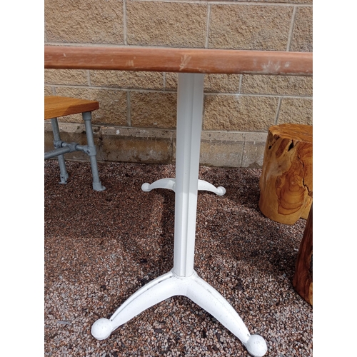 75 - Cast iron garden table with Iroko wood top including wooden bench and two stools {Table H 73cm x W 1... 