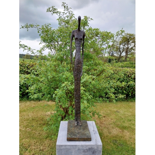 760 - Exceptional quality contemporary bronze sculpture of a Lady with arms by her side raised on slate pl... 