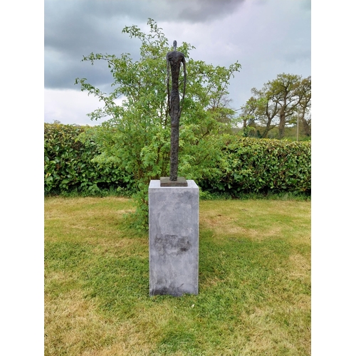 760 - Exceptional quality contemporary bronze sculpture of a Lady with arms by her side raised on slate pl... 