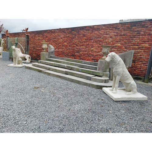 766 - Pair of good quality moulded sandstone statues of Irish Wolf Hounds mounted on platform base {119 cm... 