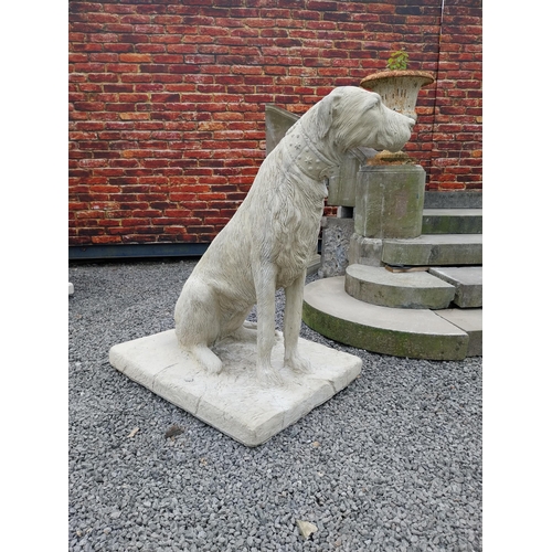 766 - Pair of good quality moulded sandstone statues of Irish Wolf Hounds mounted on platform base {119 cm... 