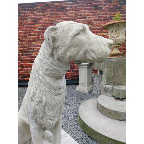 766 - Pair of good quality moulded sandstone statues of Irish Wolf Hounds mounted on platform base {119 cm... 