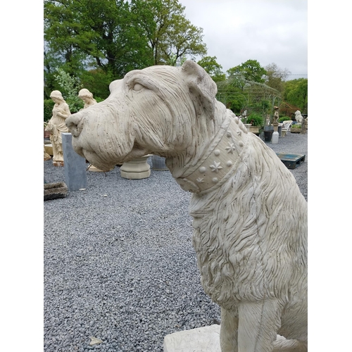 766 - Pair of good quality moulded sandstone statues of Irish Wolf Hounds mounted on platform base {119 cm... 