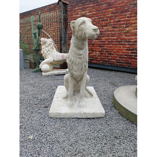 766 - Pair of good quality moulded sandstone statues of Irish Wolf Hounds mounted on platform base {119 cm... 