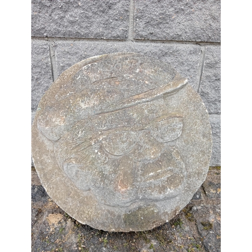 77 - Carved stone portrait of Fred Dibnah 1938-2004 (Well known steeplejack and tv personality) {Dia 46cm... 