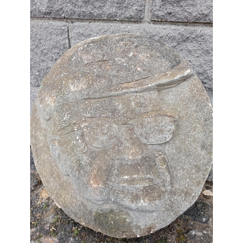 77 - Carved stone portrait of Fred Dibnah 1938-2004 (Well known steeplejack and tv personality) {Dia 46cm... 