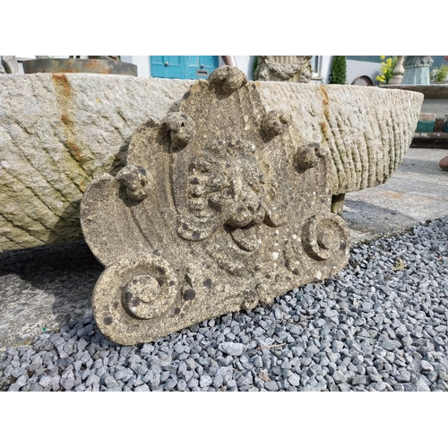 772 - Good quality aged moulded sandstone Lions mask wall plaque {53 cm H x 50 cm W x 9 cm D}.