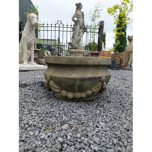 795 - Good quality carved sandstone planter decorated with swags {37 cm H x 80 cm W x 61 cm D}.