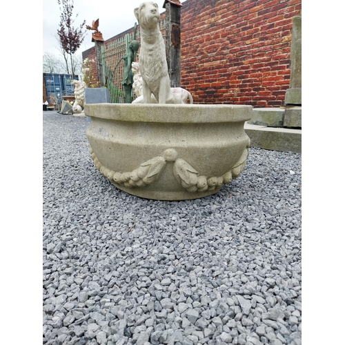 796 - Good quality carved sandstone planter decorated with swags {37 cm H x 80 cm W x 61 cm D}.