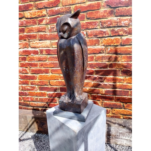 8 - Exceptional quality contemporary bronze sculpture of an Owl raised on slate pedestal {Overall dimens... 