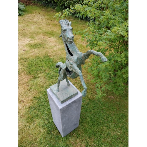 509 - Exceptional quality contemporary bronze sculpture 'The Rearing Horse' raised on slate plinth {Overal... 