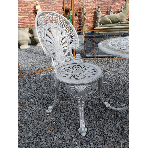 818 - 1950s cast aluminium garden table with two matching chairs {Tbl. 62 cm H x 68 cm Dia. and Chairs 83 ... 