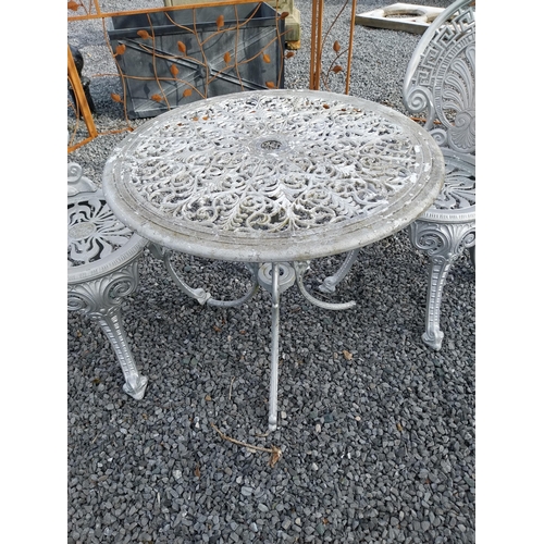 818 - 1950s cast aluminium garden table with two matching chairs {Tbl. 62 cm H x 68 cm Dia. and Chairs 83 ... 