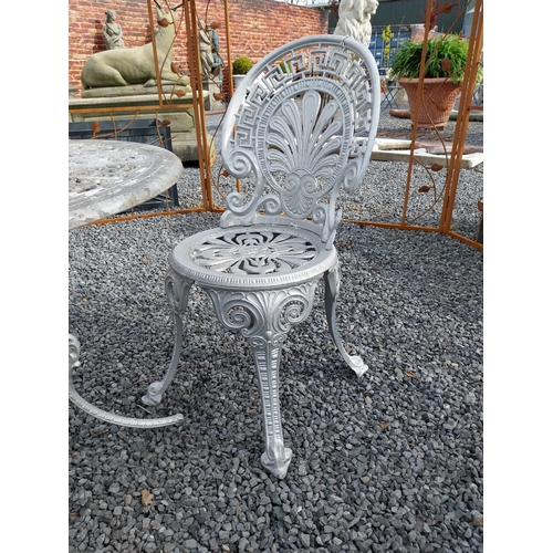 818 - 1950s cast aluminium garden table with two matching chairs {Tbl. 62 cm H x 68 cm Dia. and Chairs 83 ... 