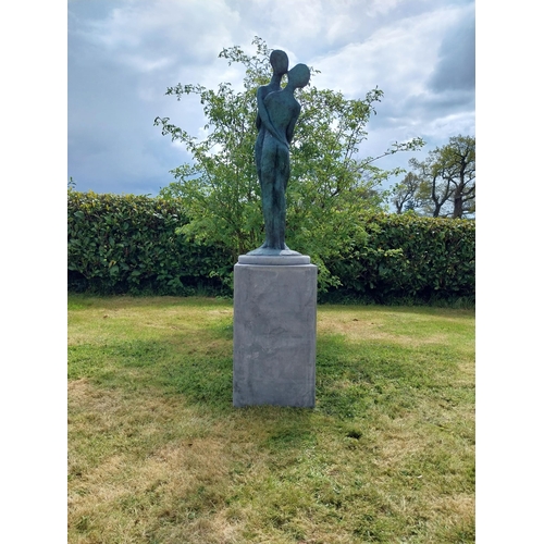 82 - Exceptional quality contemporary bronze sculpture 'The Lovers' raised on slate plinth {Overall dimen... 