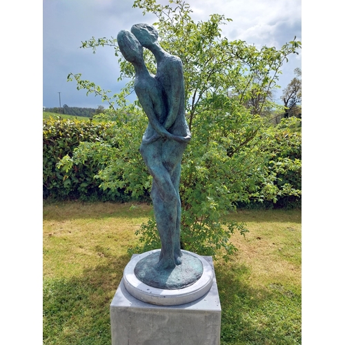 82 - Exceptional quality contemporary bronze sculpture 'The Lovers' raised on slate plinth {Overall dimen... 