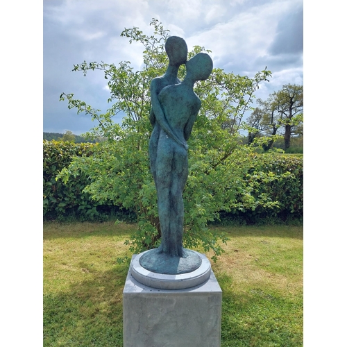 82 - Exceptional quality contemporary bronze sculpture 'The Lovers' raised on slate plinth {Overall dimen... 