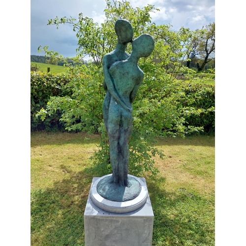 82 - Exceptional quality contemporary bronze sculpture 'The Lovers' raised on slate plinth {Overall dimen... 