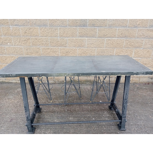 826 - Cast iron high table with slate top {Table H 103cm x W 180cm x D 73cm Stools H 80cm x Dia 30cm }. (N... 