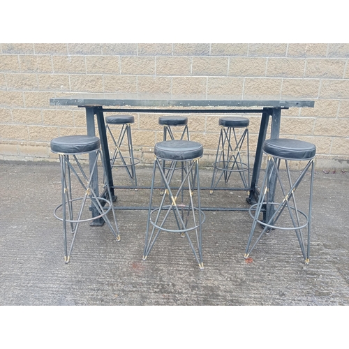 827 - Six metal matrix high stools with upholstered seat {}.