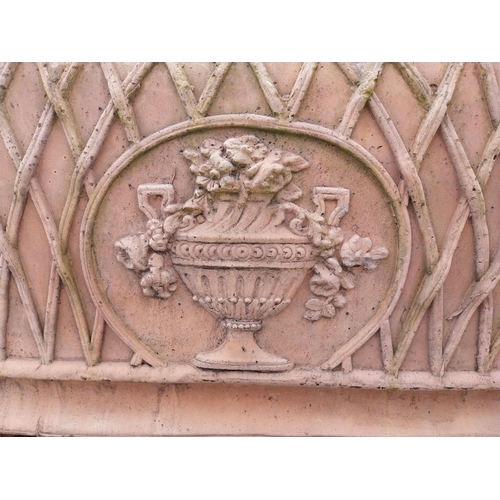 84 - Moulded terracotta rectangular lattice planters on Lions feet {52 cm H x 114 cm W x 56 cm D}.