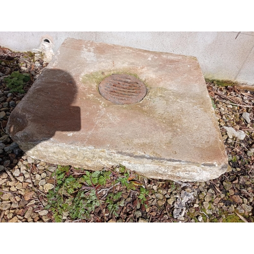 845 - 19th C. sandstone gully with original cast iron crate cover {H 10cm x W 62cm x D 62cm }.