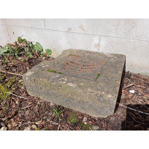 847 - Sandstone gully with original cast iron crate {H 11CM X 36 X 36cm }. (NOT AVAILABLE TO VIEW IN PERSO... 