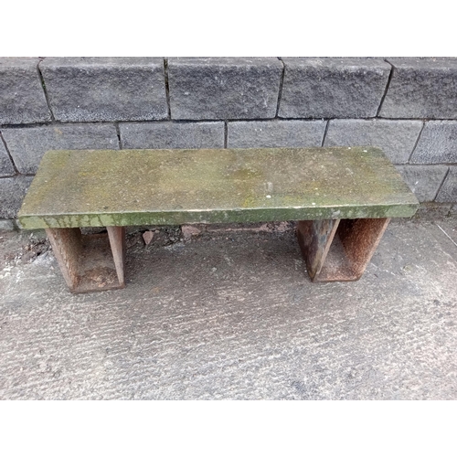 849 - Victorian sandstone garden table cast iron legs {H 54cm x W 160cm x D 79cm }.