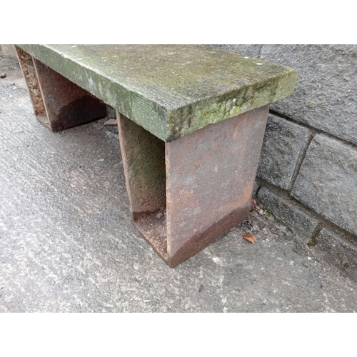 849 - Victorian sandstone garden table cast iron legs {H 54cm x W 160cm x D 79cm }.