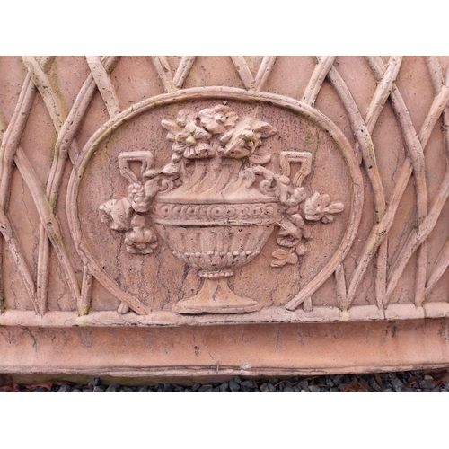 85 - Moulded terracotta rectangular lattice planters on Lions feet {52 cm H x 114 cm W x 56 cm D}.