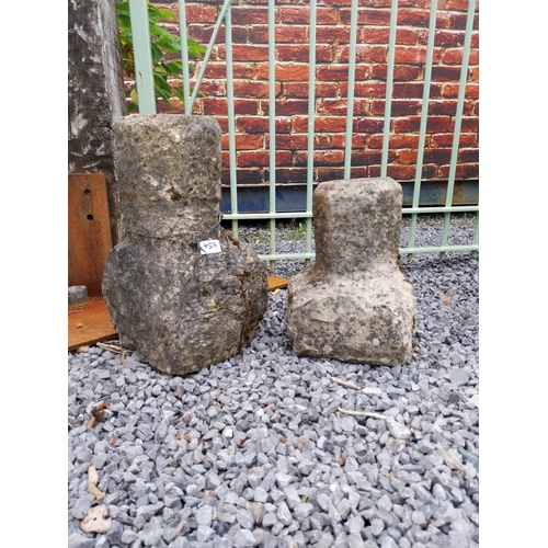 854 - Two 19th C. sandstone kick stones {42 cm H x 23 cm W x 23 cm D and 31 cm H x 23 cm W x 26 cm D}.