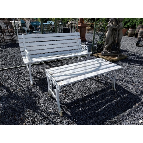 856 - Cast iron garden bench with wooden slats and matching coffee table {Bench 67 cm H x 155 cm W x 55 cm... 