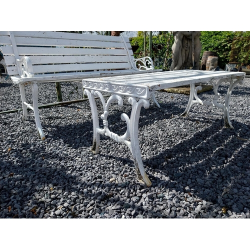 856 - Cast iron garden bench with wooden slats and matching coffee table {Bench 67 cm H x 155 cm W x 55 cm... 