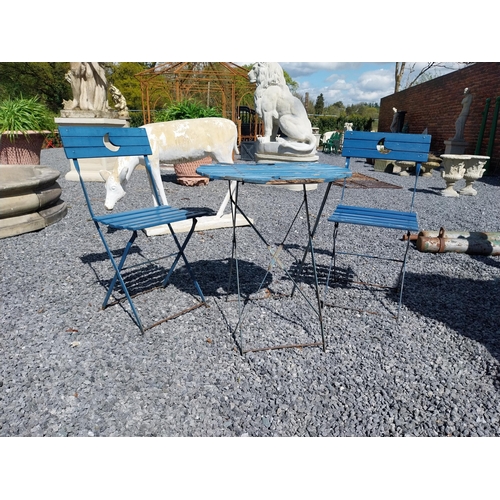 859 - Wooden and metal garden table with two matching chairs {Tbl. 71 cm H x 60 cm Dia. and Chairs 84 cm H... 