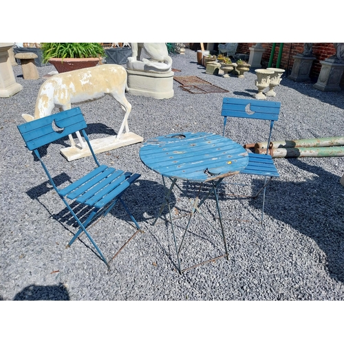 859 - Wooden and metal garden table with two matching chairs {Tbl. 71 cm H x 60 cm Dia. and Chairs 84 cm H... 