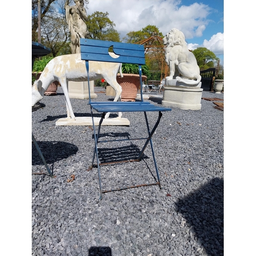 859 - Wooden and metal garden table with two matching chairs {Tbl. 71 cm H x 60 cm Dia. and Chairs 84 cm H... 