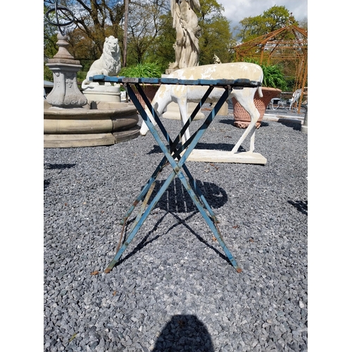 859 - Wooden and metal garden table with two matching chairs {Tbl. 71 cm H x 60 cm Dia. and Chairs 84 cm H... 