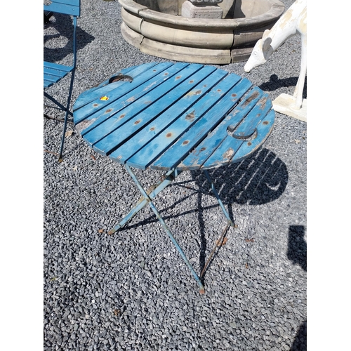 859 - Wooden and metal garden table with two matching chairs {Tbl. 71 cm H x 60 cm Dia. and Chairs 84 cm H... 