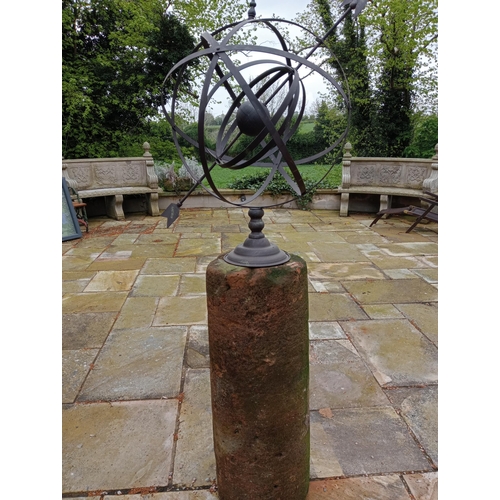 873 - Sandstone and brass hexagon top sundial {H 90cm x D 50cm}. (NOT AVAILABLE TO VIEW IN PERSON)