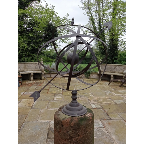 873 - Sandstone and brass hexagon top sundial {H 90cm x D 50cm}. (NOT AVAILABLE TO VIEW IN PERSON)